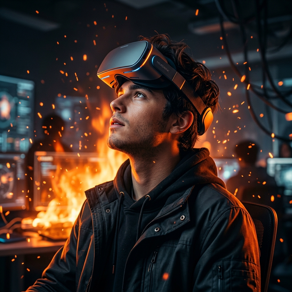Student wearing VR headset with amber backlighting